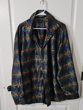 Diba Brocade Shirt in Green, Purple & Gold Scrolls